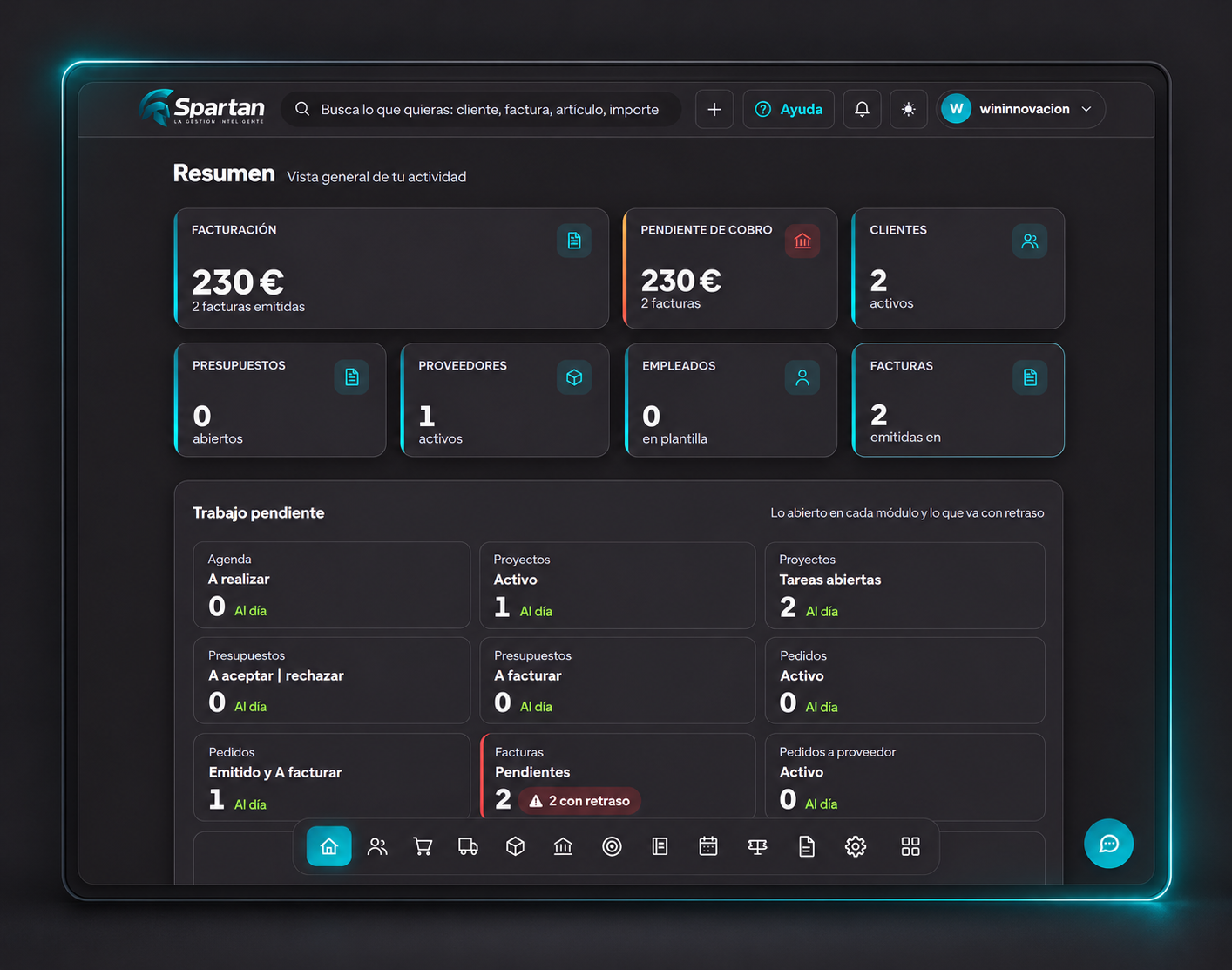 Mockup de Spartan ERP con destello turquesa