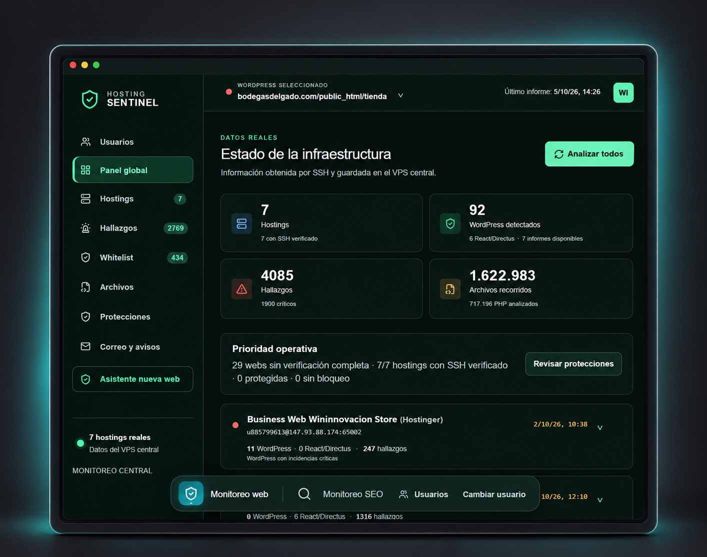Mockup de Hosting Sentinel — desarrollo de software a medida